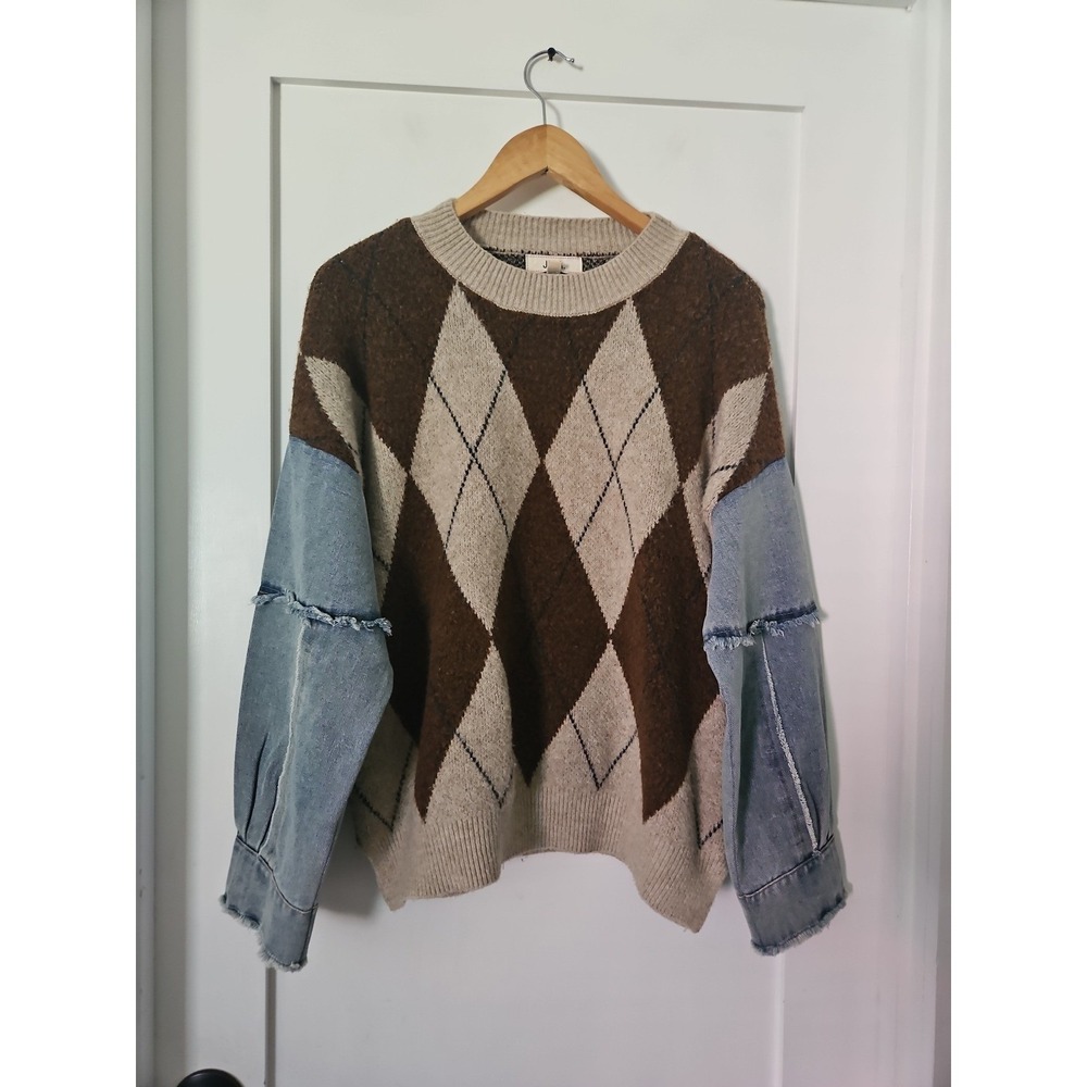 J.O.A. Women Small Brown Tan Argyle Knit Sweater Denim Mixed Media Distressed S